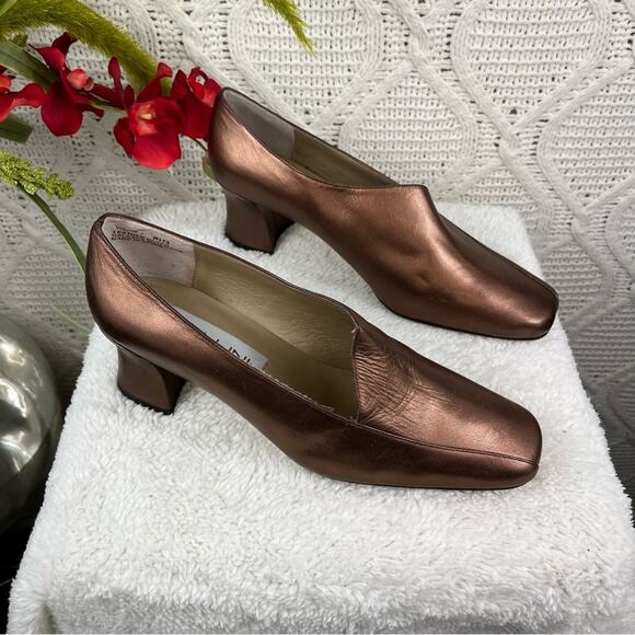 NWT VTG BELLINI Copper Asymmetric 90s Metallic Leather Spool Block Heels Sz 8.5 - Picture 3 of 8
